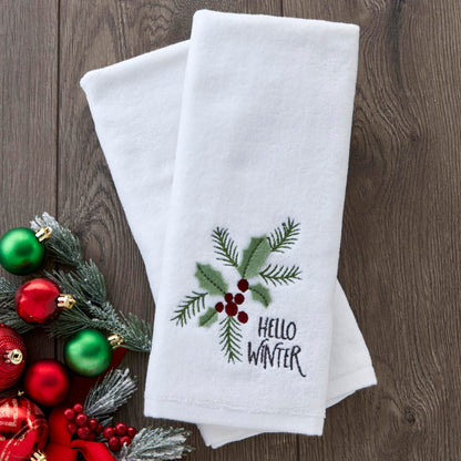 SKL Home Christmas Hello Winter Holly 3D Hand Towel 2pc Set for Bath/Kitchen/Bar & Gift, White