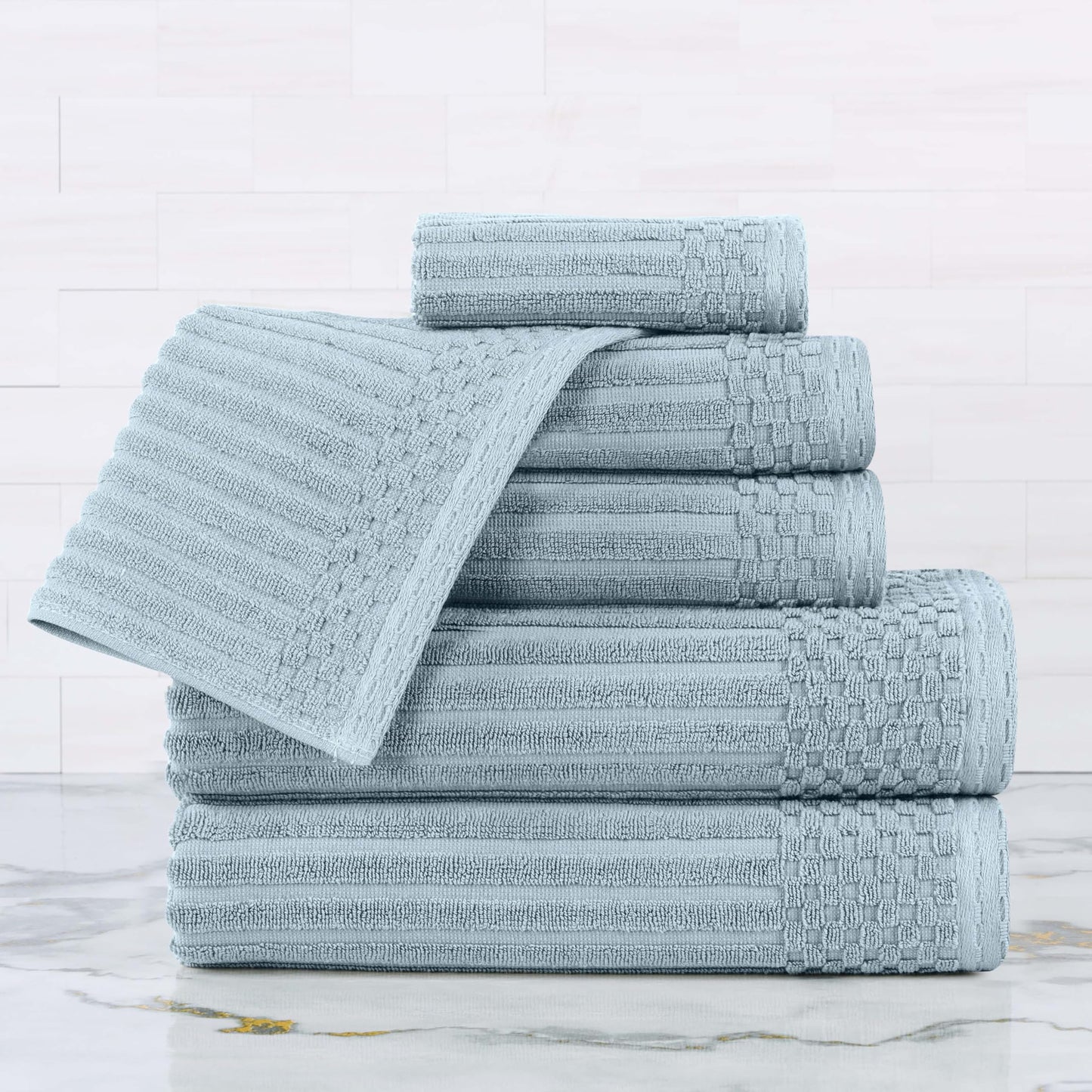 Superior Cotton 6-Piece Solid and Ribbed Towel Set, Face Towels 13” x 13”, Hand Towels 16” x 28”, Bath Towels 27” x 54”, Slate Blue