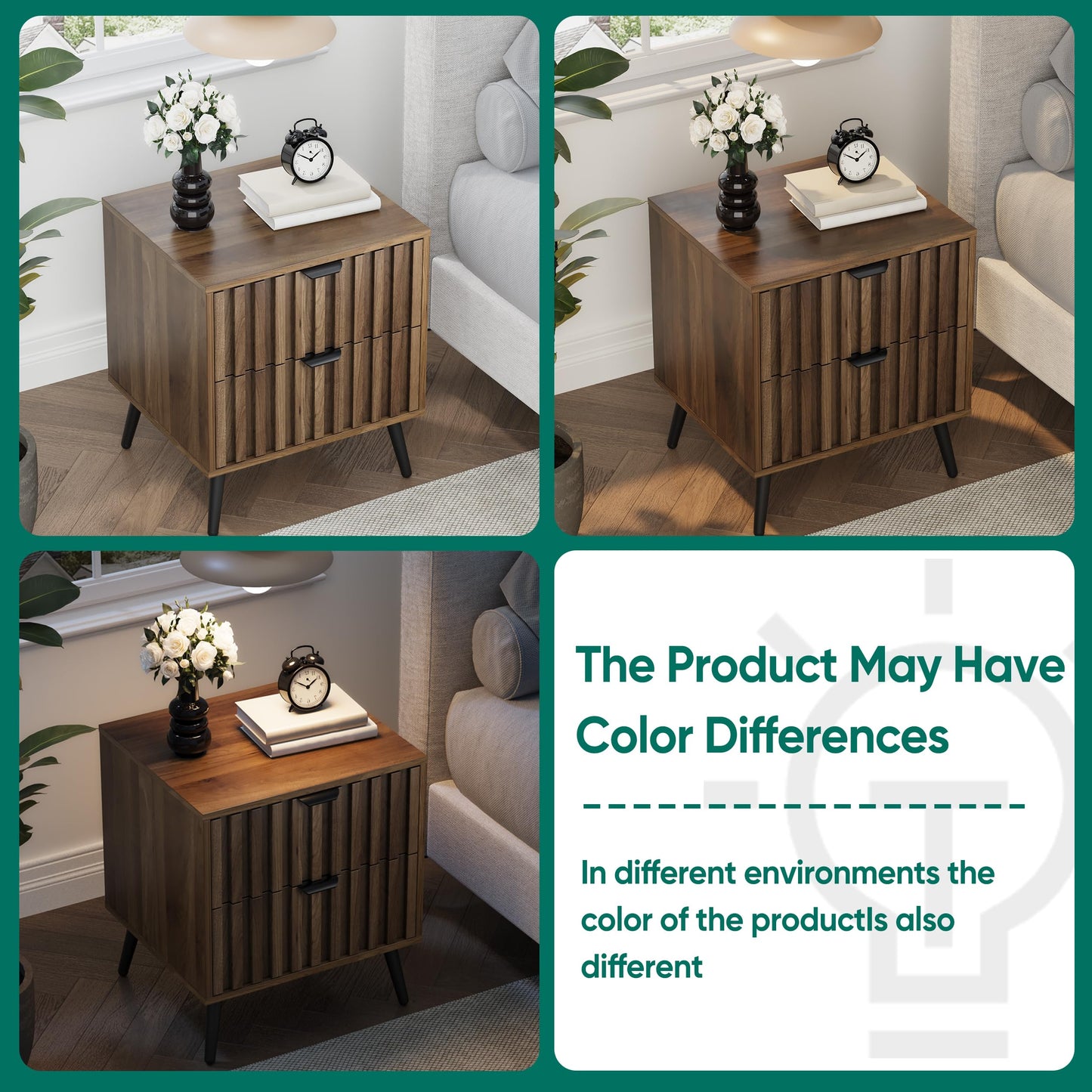 Smuxee Walnut Wooden Night Stand, Mid Century Nightstand with 2 Fluted Drawers, Bedside Table with Open Shelf, Modern End Side Table for Bedroom