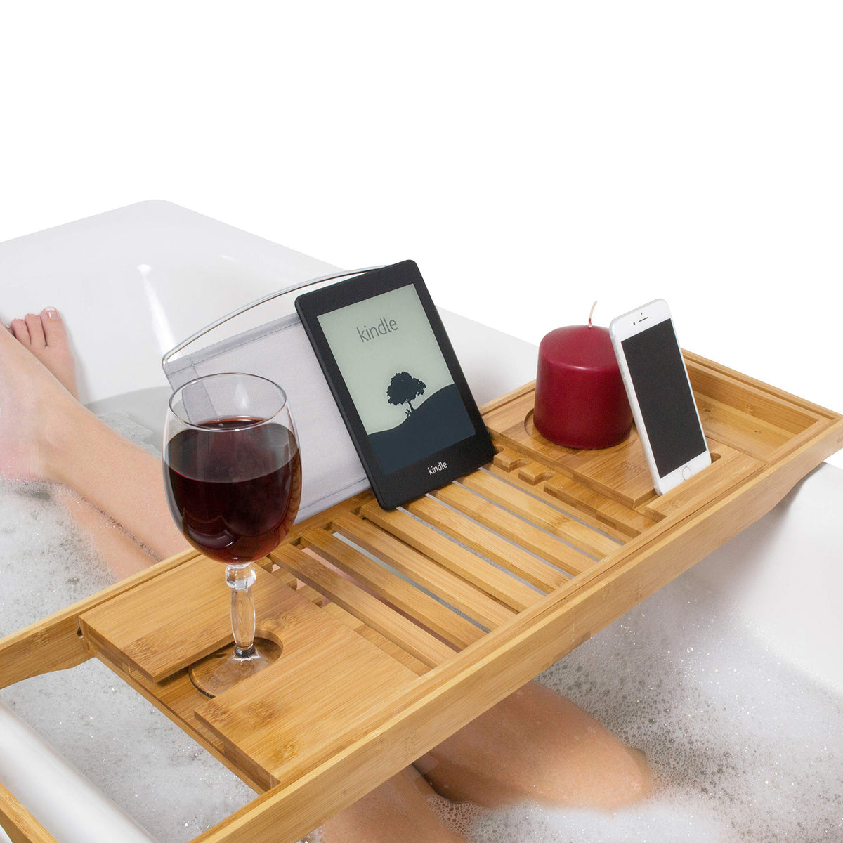Relux Premium 100% Natural Bamboo Bath Caddy Bridge – Extendable Luxury Book Rest, Wine Glass Holder, Device