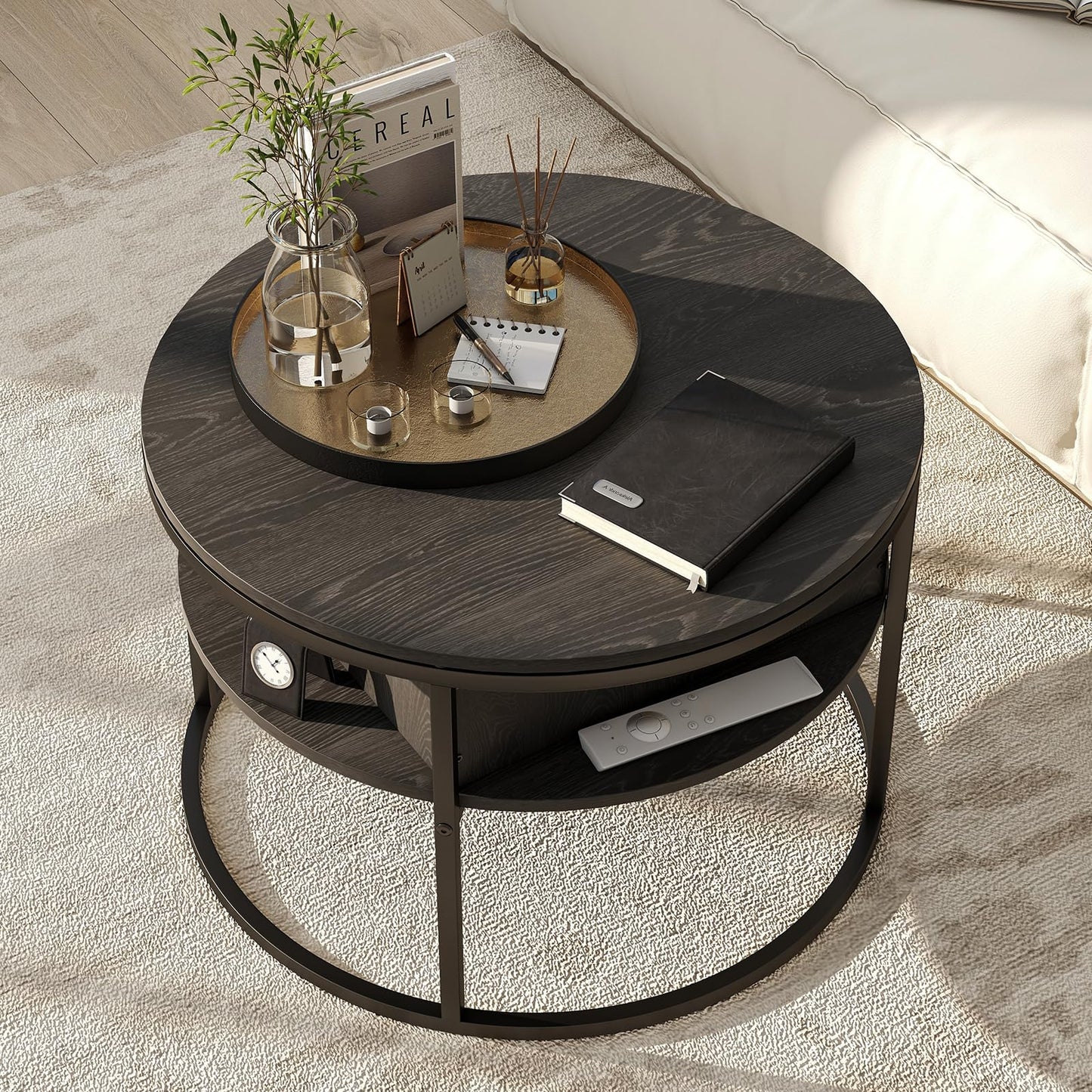 HOJINLINERO Round Coffee Table,Lift Top Coffee Tables for Living Room,Wooden Coffee Table with Hidden Storage & Lift Up Top,Modern Sofa Tea End