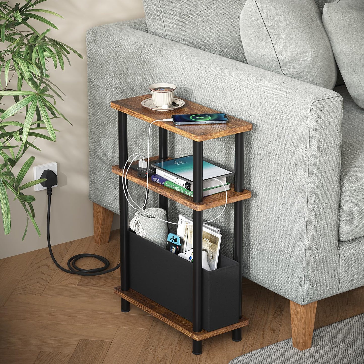 APICIZON Narrow Side Table, 3 Tier Bed Side Table, Slim End Table with Charging Station, for Living Room, Bedroom
