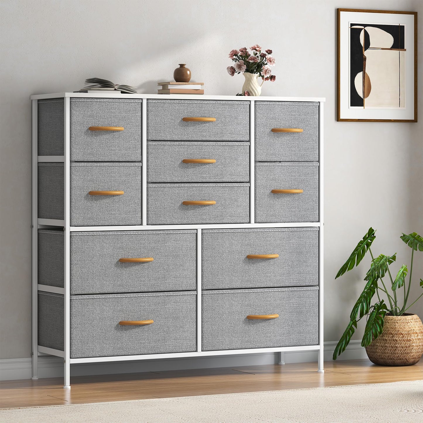Feonase Chest of Drawers, Bedroom Tall Dresser with 11 Fabric Drawers, Metal Frame & MDF Wood Top, Adjustable Feet