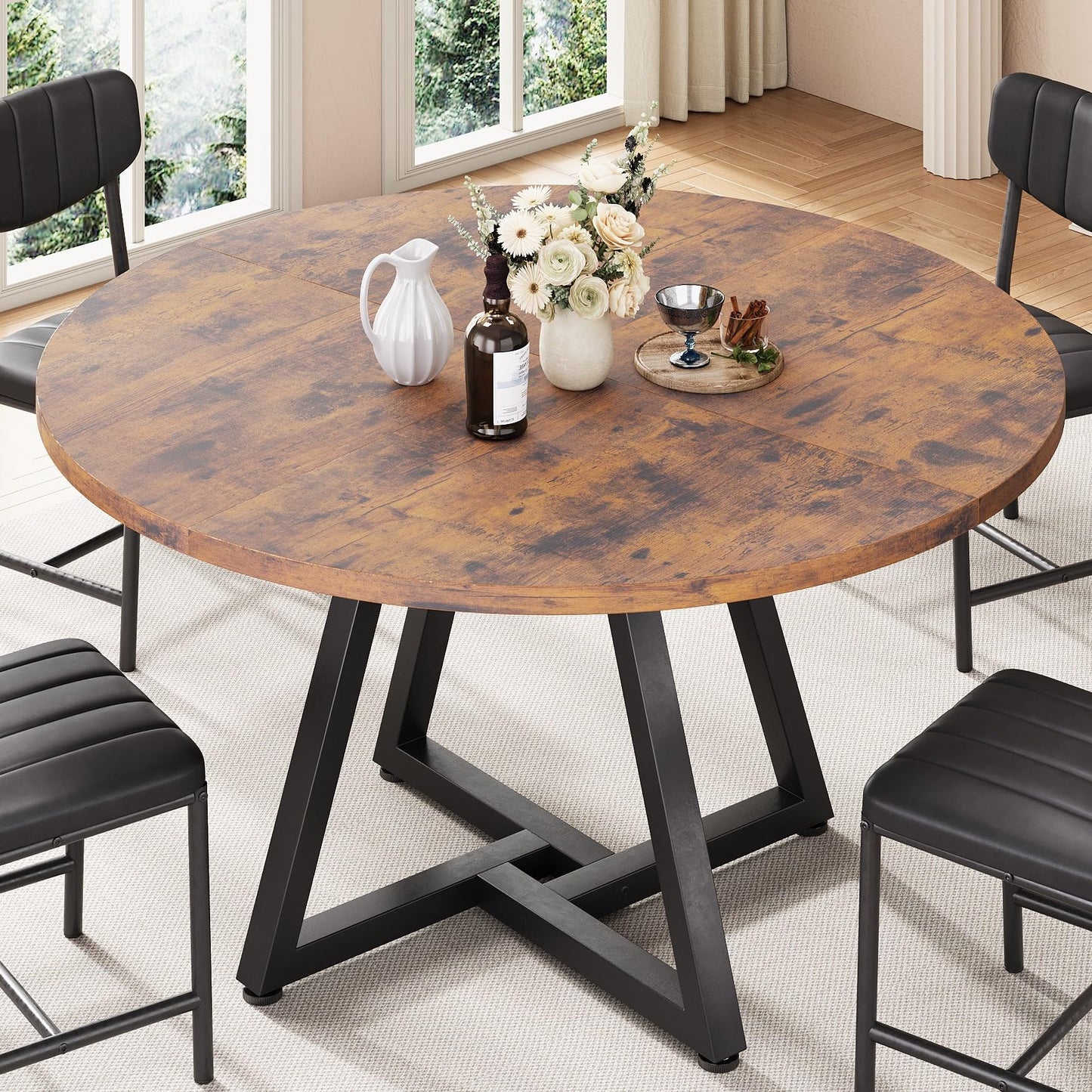 Jocoevol Round Kitchen Dining Table for 2 People, Circle Dinner Table with Metal Frame, Space Saving Wood Industrial Furniture (Vintage, 31 inch