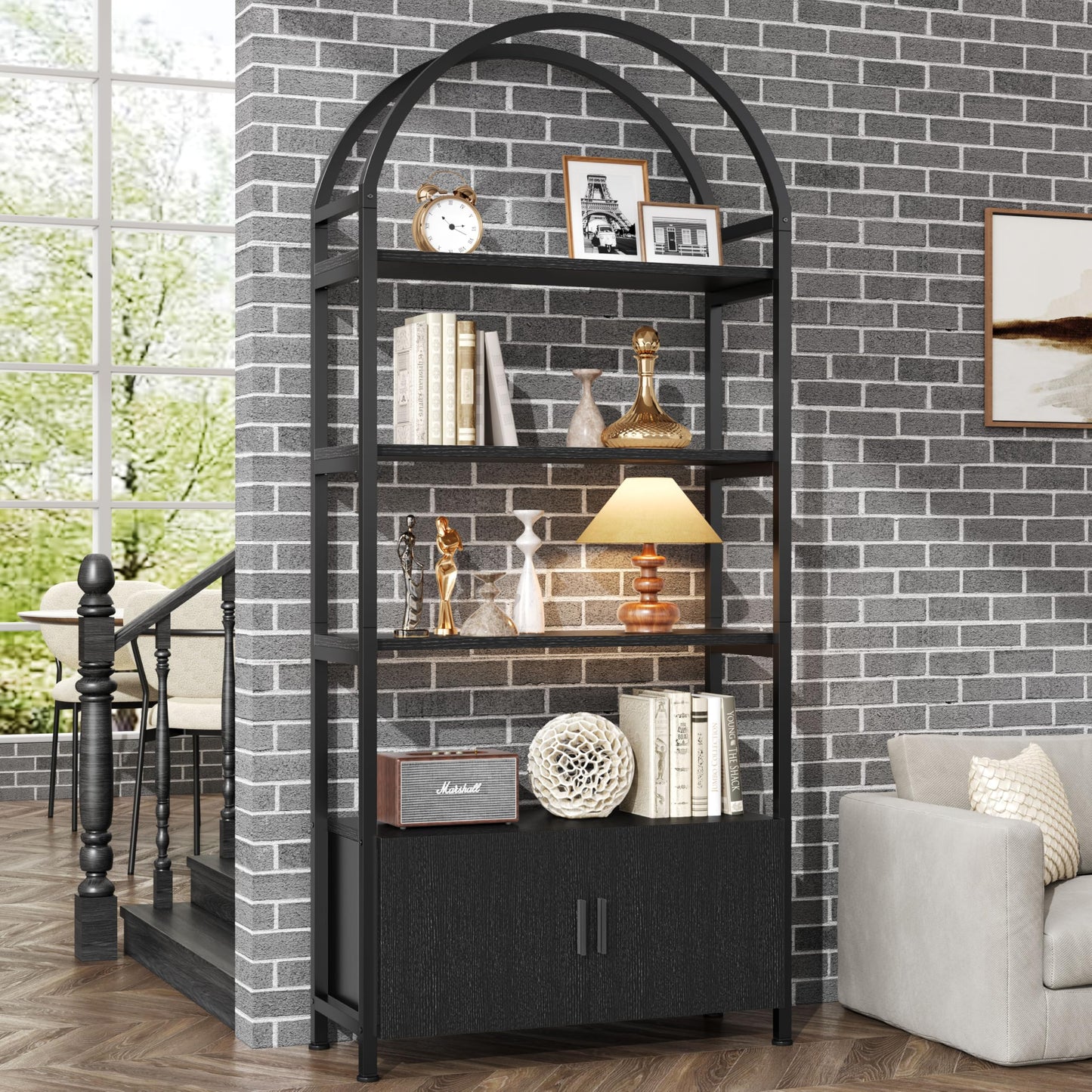 Feonase Arched Book Shelf, Bookcase with Doors Storage, 180cm Tall Bookshelf with Sturdy Metal Frame, E1 Quality Boards