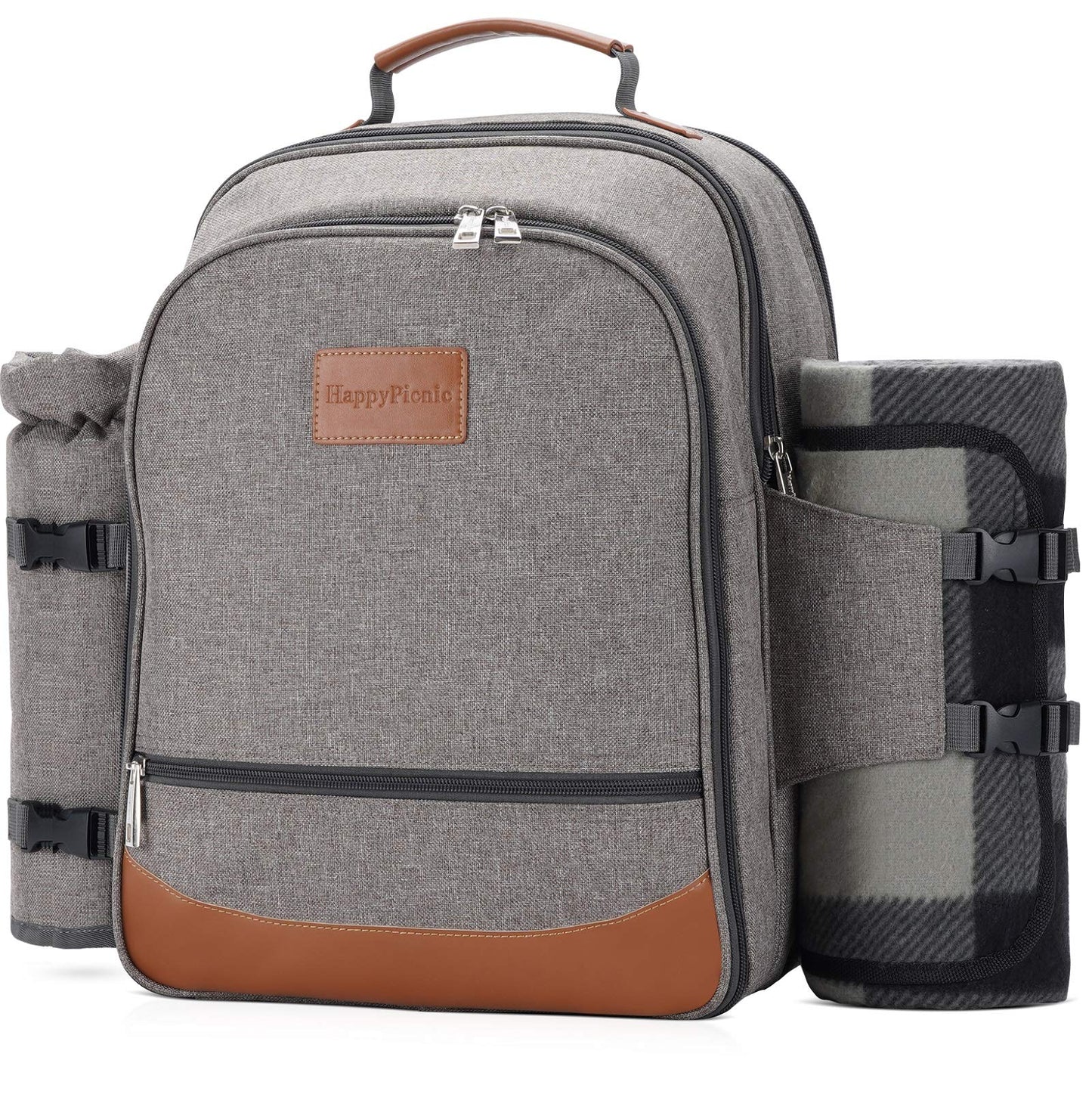 HappyPicnic Insulated Picnic Backpack for 4 Persons with Full Set of Tablewares, Roomy Cooler Compartment, Bottle Holders and Large Waterproof Picnic