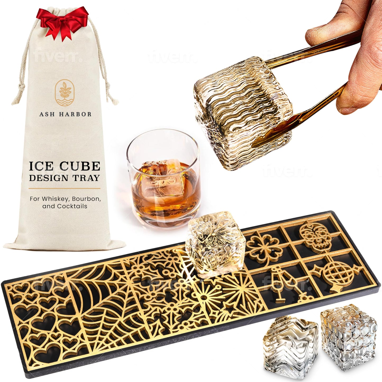 Ice Designer Tray  Craft Modern Ice Molds for Whiskey, Bourbon, & Cocktails in 5 Seconds  Whiskey Ice Mold Ice Cube Stamp  Bartender Accessories