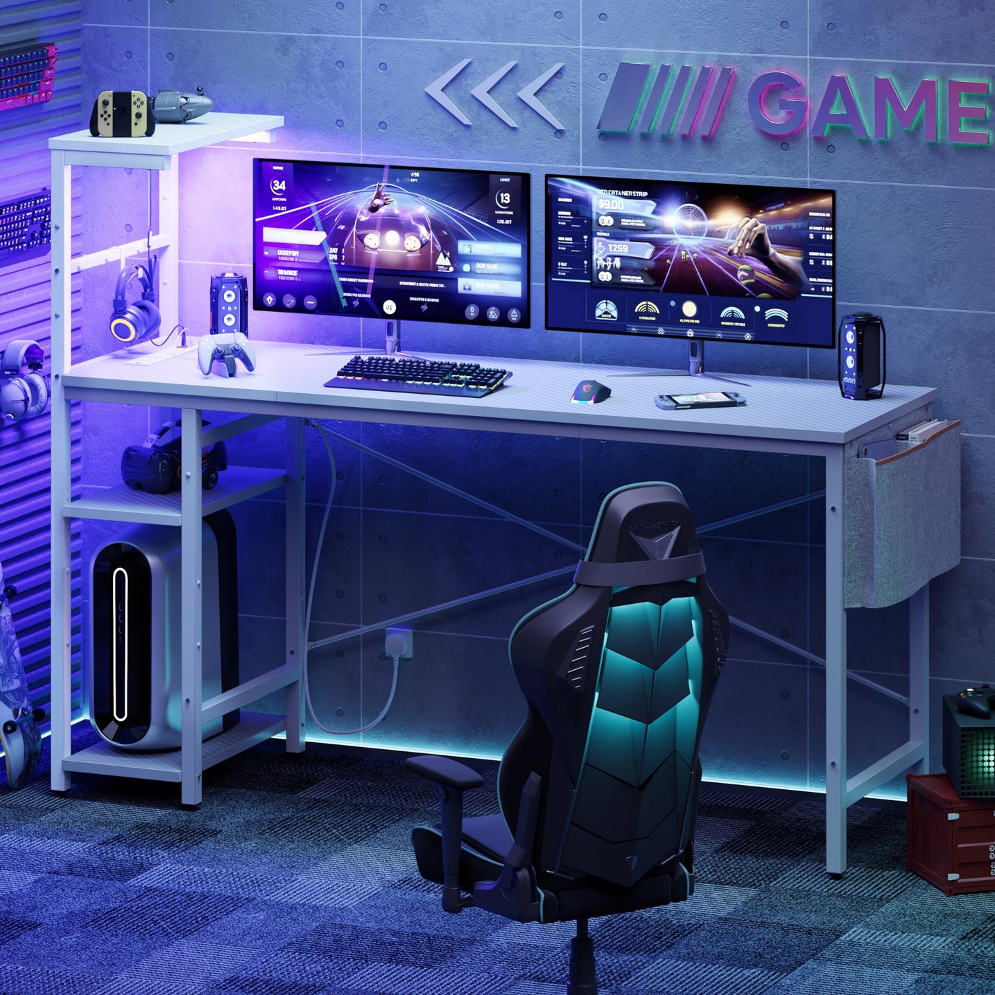 Bestier 155CM Corner Desk with Power Outlets Large Computer Desk with LED Lights Reversible Writing Table with Side Pocket Storage Bag & Accessories