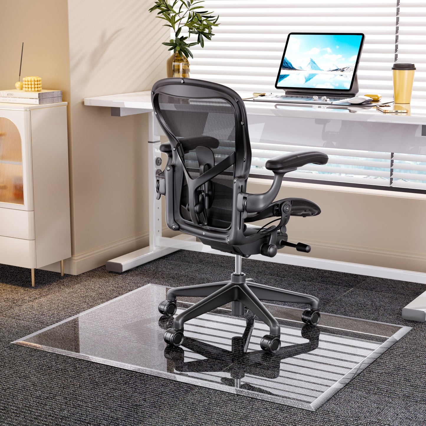 [Tempered Glass] 121 x 91cm Beveled Edge Glass Chair Mat with Polished Edge Clear Office Chair Mat, Glides Smoothly