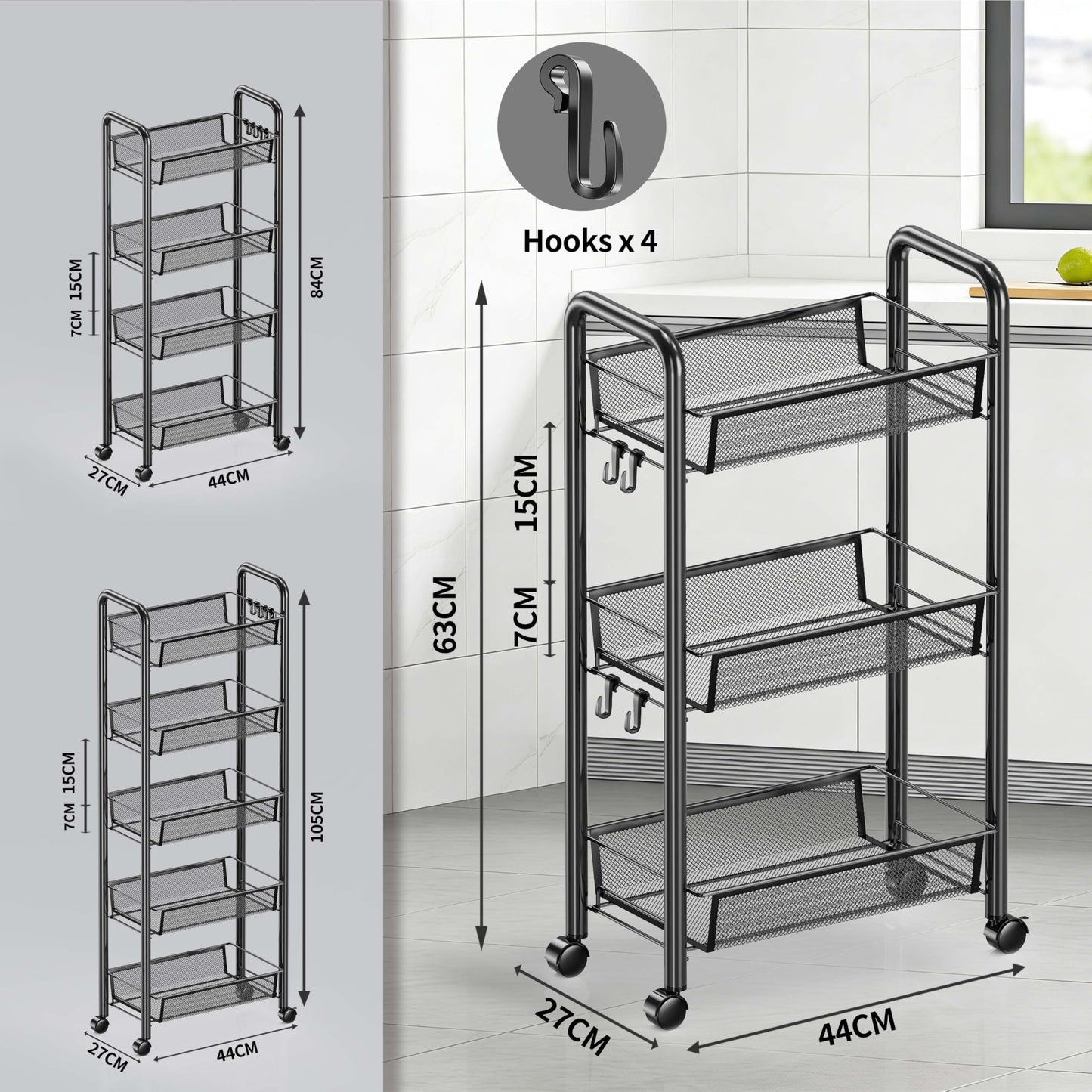 Goeasyoii 3/4/5 Tier Rolling Cart, Metal Storage Cart,Space-Saving Kitchen Cart with Castors,Shelving Organizer for Kitchen, Bathroom, Laundry Room