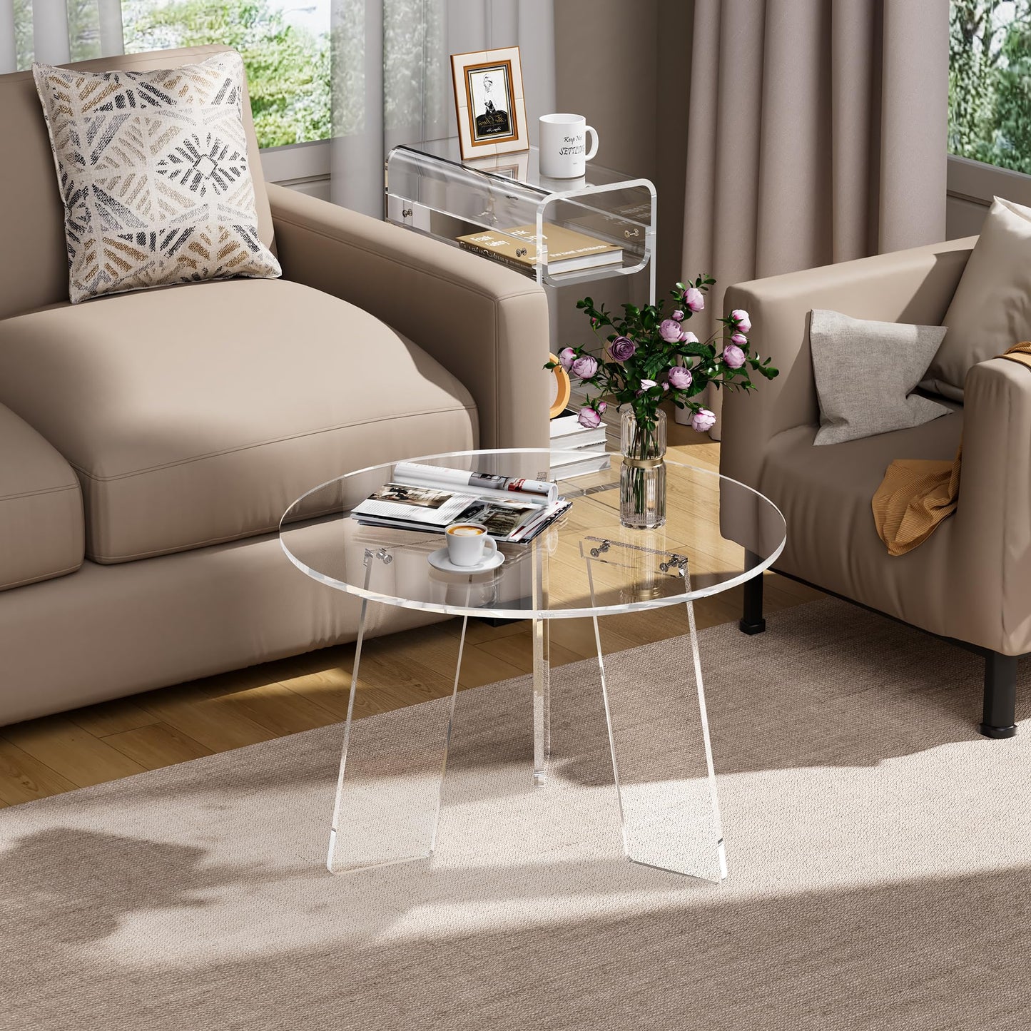 Dewrhiixe Acrylic Round Coffee Table, Clear Circle Modern Lucite Side Table for Living Room, Bedroom, Office (Clear, 60×60×40 cm)