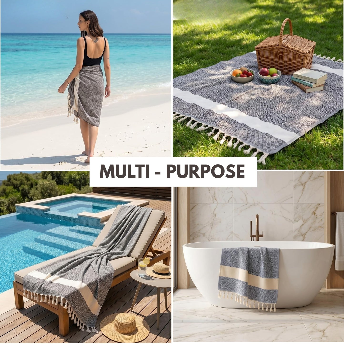 Blue Beach Turkish Towel - Travel Towel100x180cm Large Turkish Hammam Peshtemal - Super Absorbent, Quick Dry, Sand Free, Lightweight