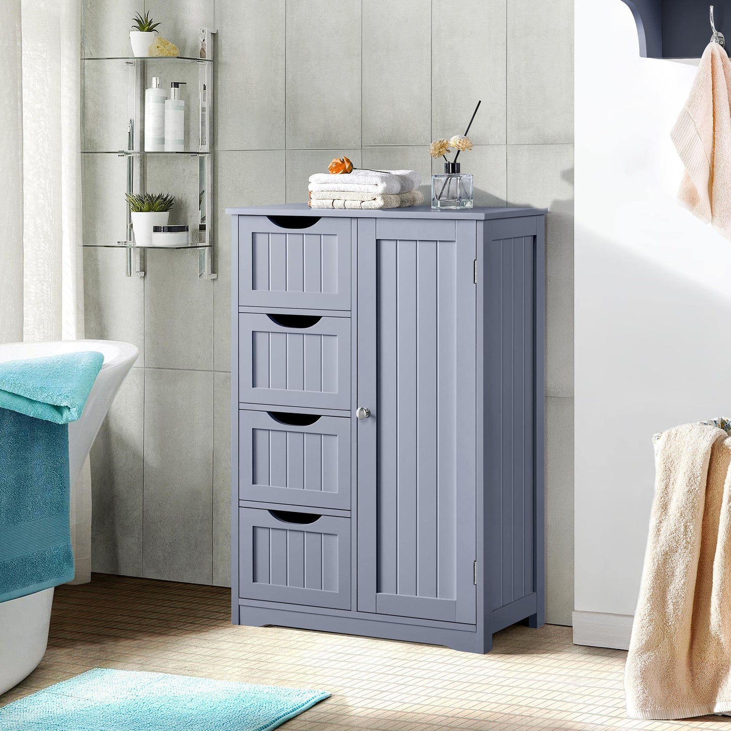 Yaheetech Bathroom Floor Cabinet, 4 Drawers & Door, Adjustable Shelf Gray