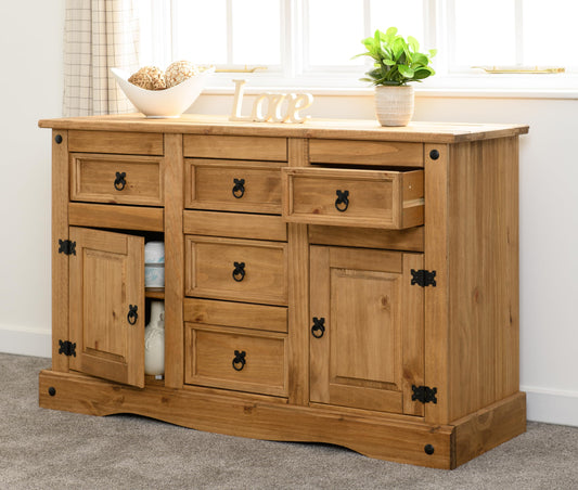 Seconique Corona 2 Door 5 Drawer Sideboard in Distressed Waxed Pine