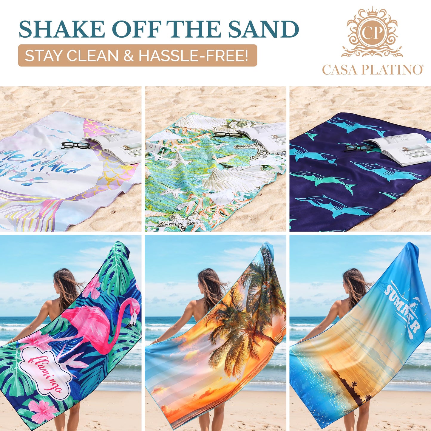 Casa Platino Beach Towels 6-Pack Extra Large – 32"x71" Sand-Free, Quick-Dry & Lightweight – Double-Sided Printed Pool
