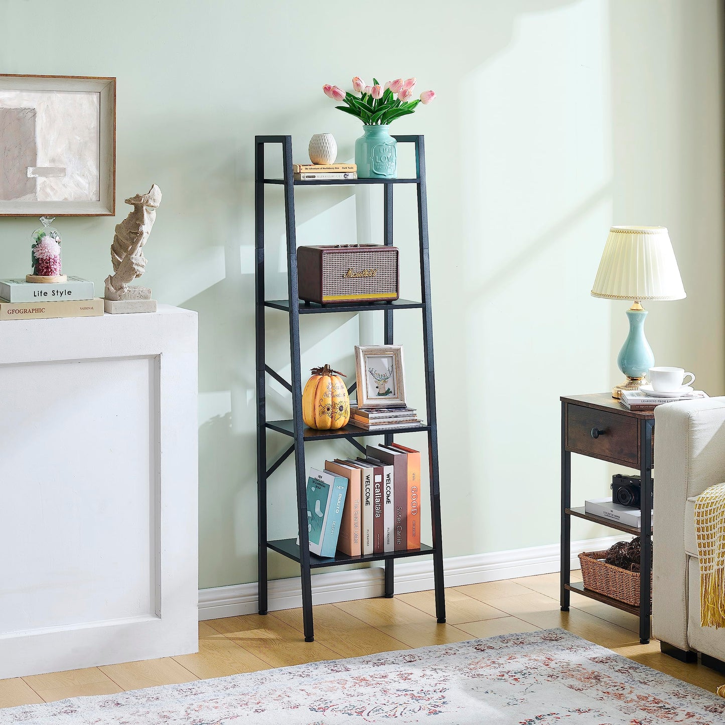 Hoctieon 4-Tier Industrial Ladder Bookshelf, Narrow Ladder Shelf, Tall Standing Bookshelf, Skinny Open Ladder Shelf, for Living Room, Home Office