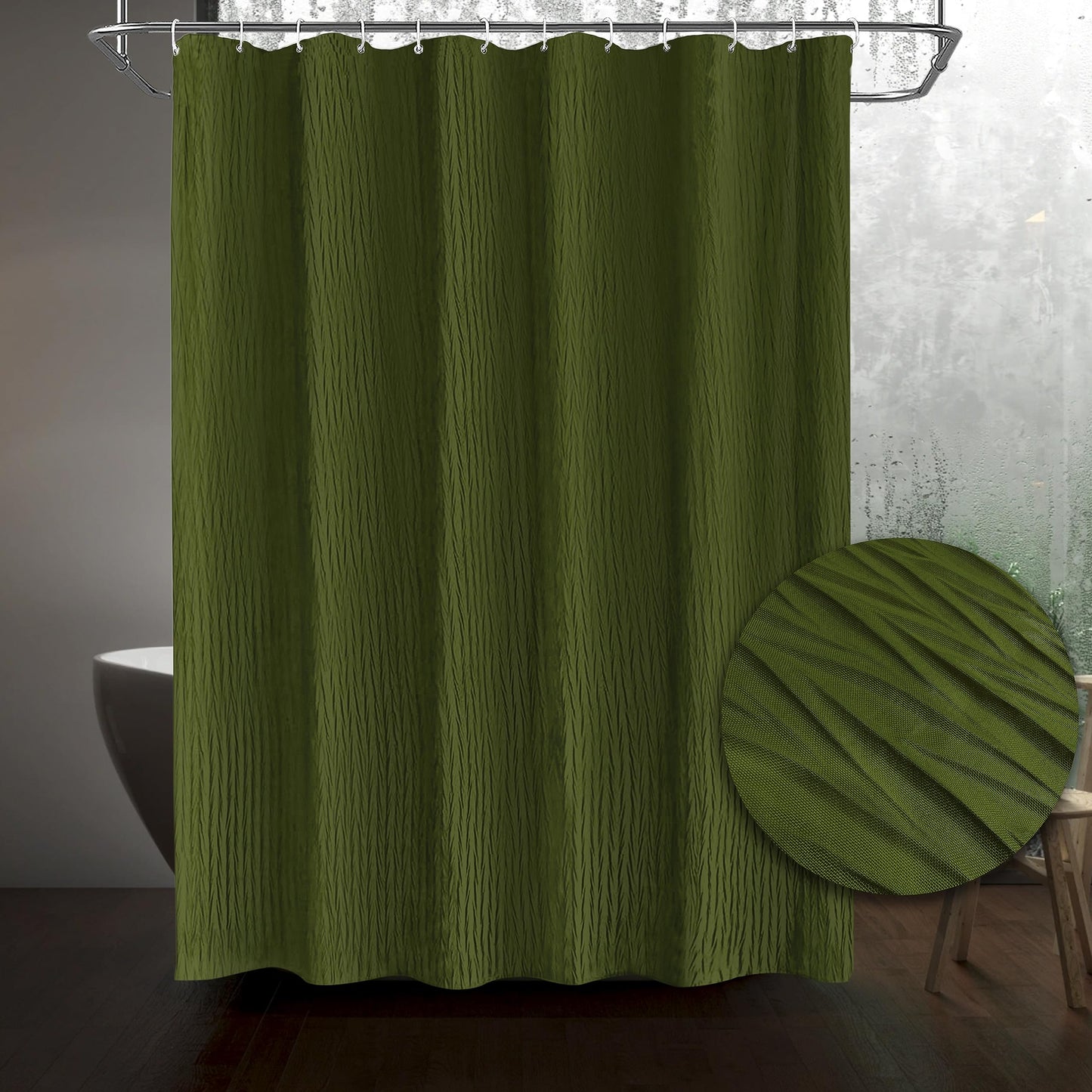 Tititex - Olive Green Crinkle Shower Curtain, Heavy Duty Textured Fabric 156 GSM Luxury Bathroom Decor for Hotel, Waterproof