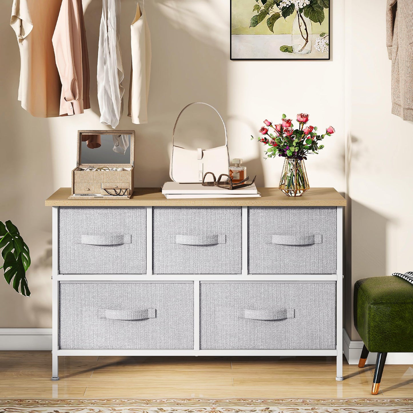 DWVO Chest of Drawers, 5 Fabric Drawers Bedroom Cabinet,Dresser for Bedroom,Living Room With Handles,Wood Top and Sturdy Steel Frame, Light Grey