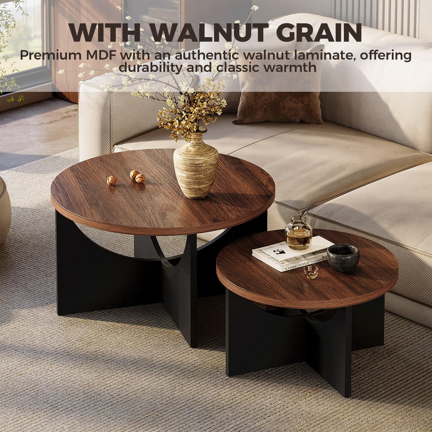 IRONCK Nesting Coffee Table Set of 2, Round Wooden Side Tables, Walnut