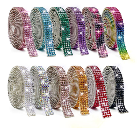 12 Rolls Self Adhesive Crystal Rhinestone Diamond Ribbon Sparkling DIY Decoration Rhinestone Strips Bedazzling Strips Diamond Stickers for DIY Arts