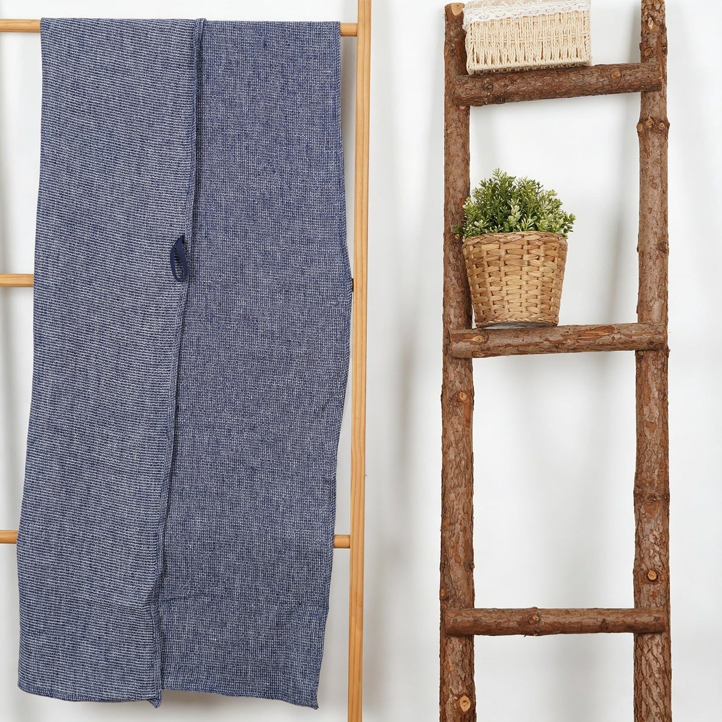 HSOFTIFY 100% Pure Linen Waffle Weave Bath Towel with Hanging Loop, Blue