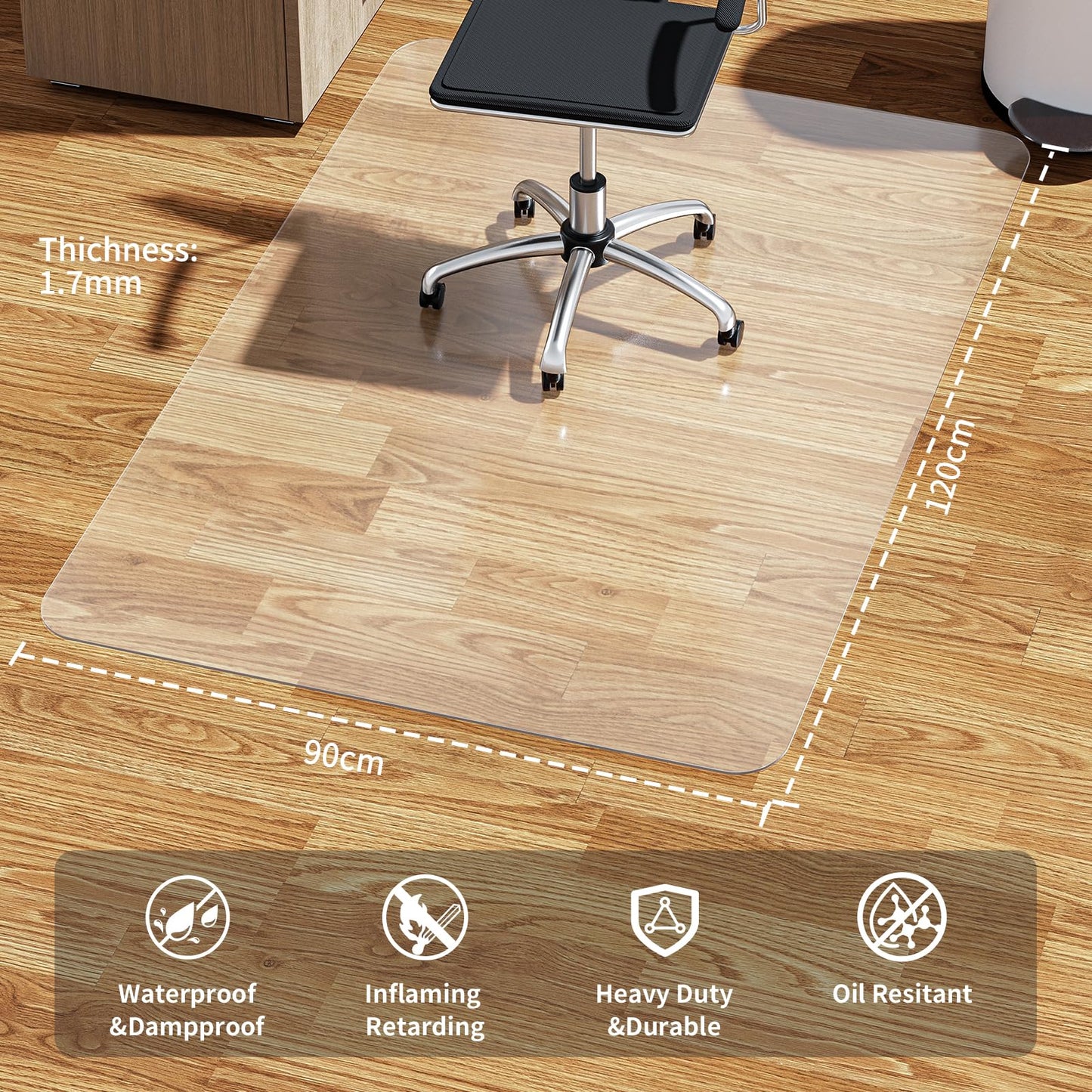 WASJOYE 2PCS Office Chair Mat for Hard Floor 90x120cm
