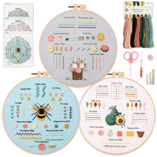 Myfelicity 3 Embroidery kit for Beginners, Embroidery Starter Kits to Learn 28 Different Stitches, Including Fabric with Prints, Threads, Needles,