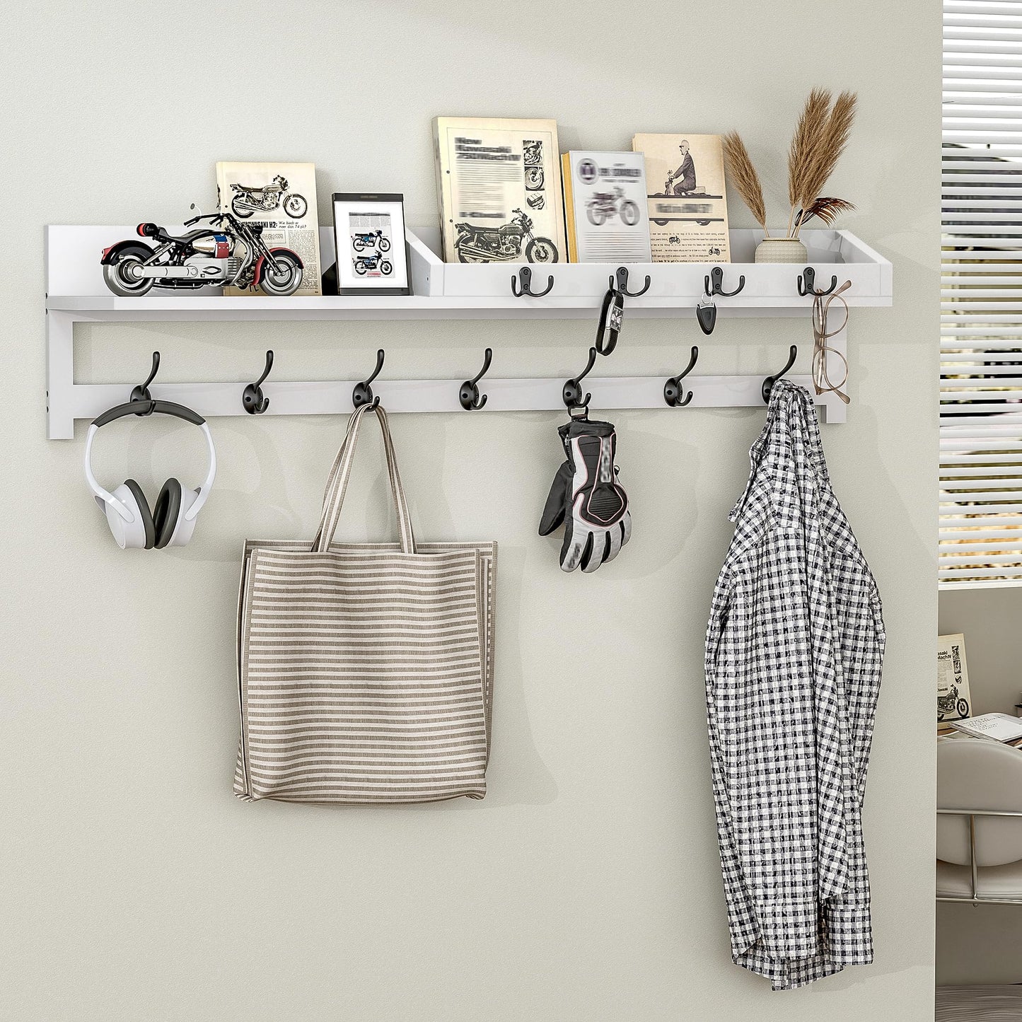 AMBIRD 89cm Wall-Mounted Coat Rack, Extra Long Coat Hooks, Entryway Shelf with 7 Dual and 4 Key Hooks, Mail Organiser, Wooden Wall Coat Rack