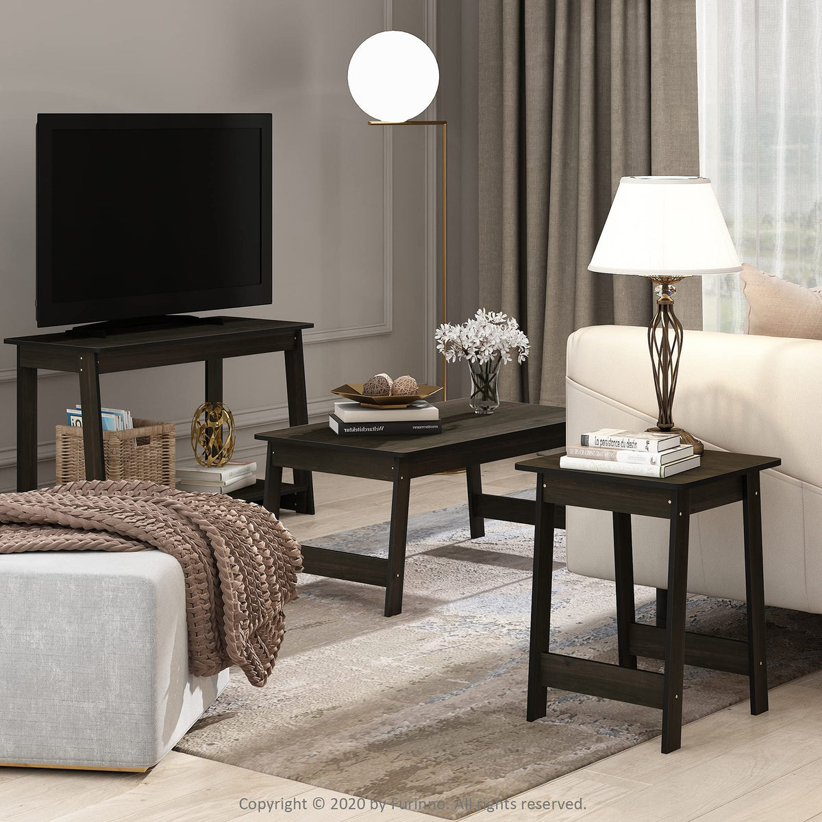 Furinno BEGINNING Side Table, Square End Table with H-Legs, Night Stand, Bedside Table, for Living Room, Bedroom, Espresso