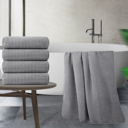 POLYTE Microfibre Oversize Quick Dry Lint Free Bath Towel, 152 x 76 cm, 4 Pack (Grey, Waffle Weave)