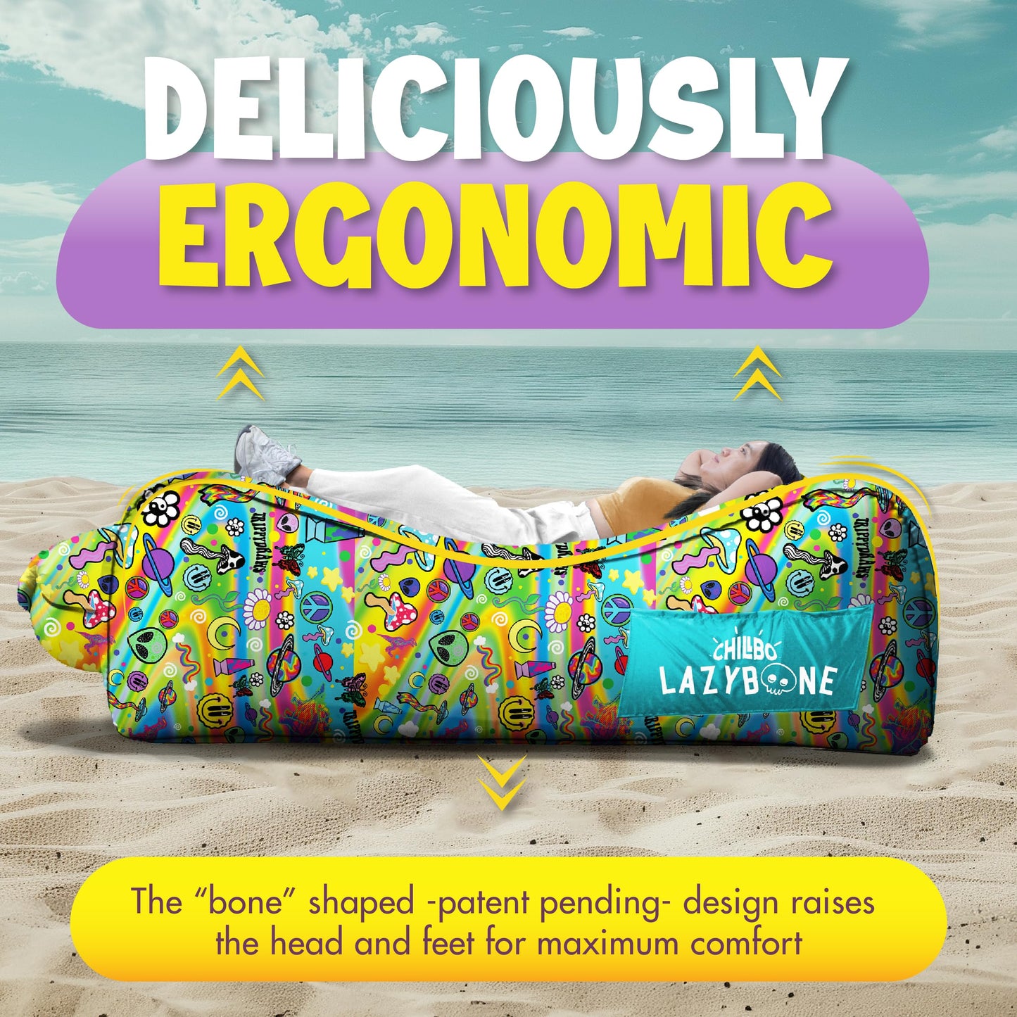 Chillbo x TrippyDraws Lazybone Inflatable Couch - Ultimate Inflatable Lounger for Maximum Chill - The Perfect Blow Up Couch for Music Festivals