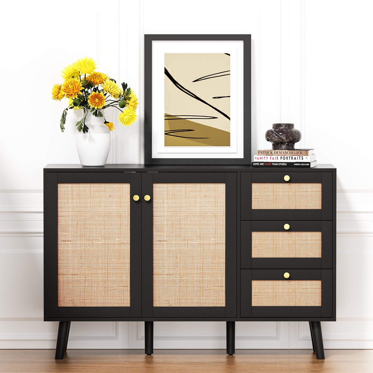 Skokliz Sideboard, Modern Storage Cabinet with 3 Drawers, Buffet Storage Cabinet 2 Doors and Adjustable Shelves