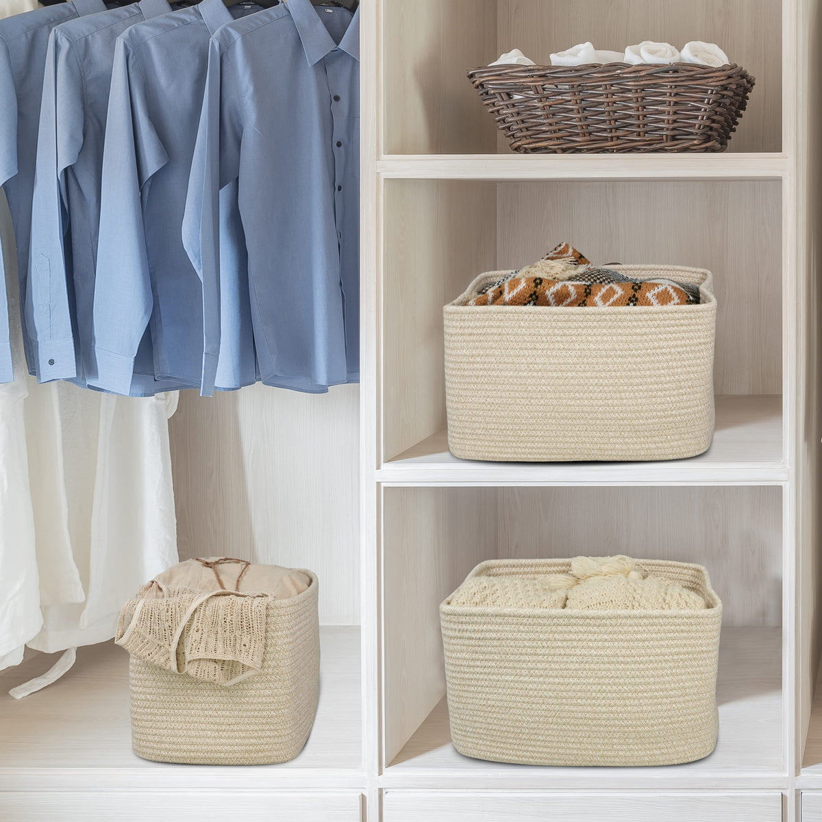 XUANGUO Rope storage Basket Bins Woven Basket for Organizing Shelves Rectangle Decorative Baskets For storage Clothes Toys Books Towels Square Wicker
