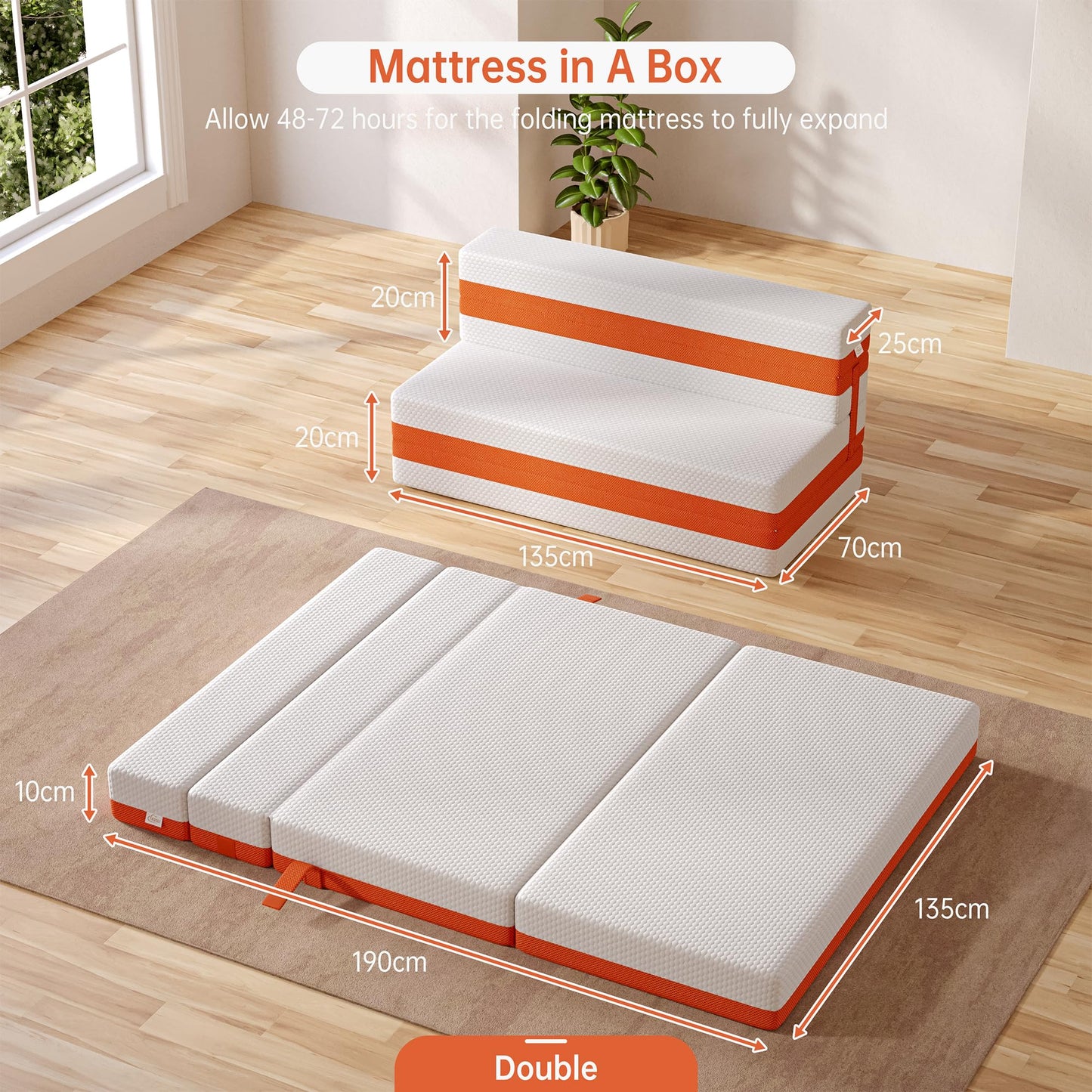 TeQsli Folding Mattress, 10cm Double Foldable Mattress, Memory Foam with Removable Washable Cover, for Guest Sofa Bed, Camping, Travel (135x190x10cm)