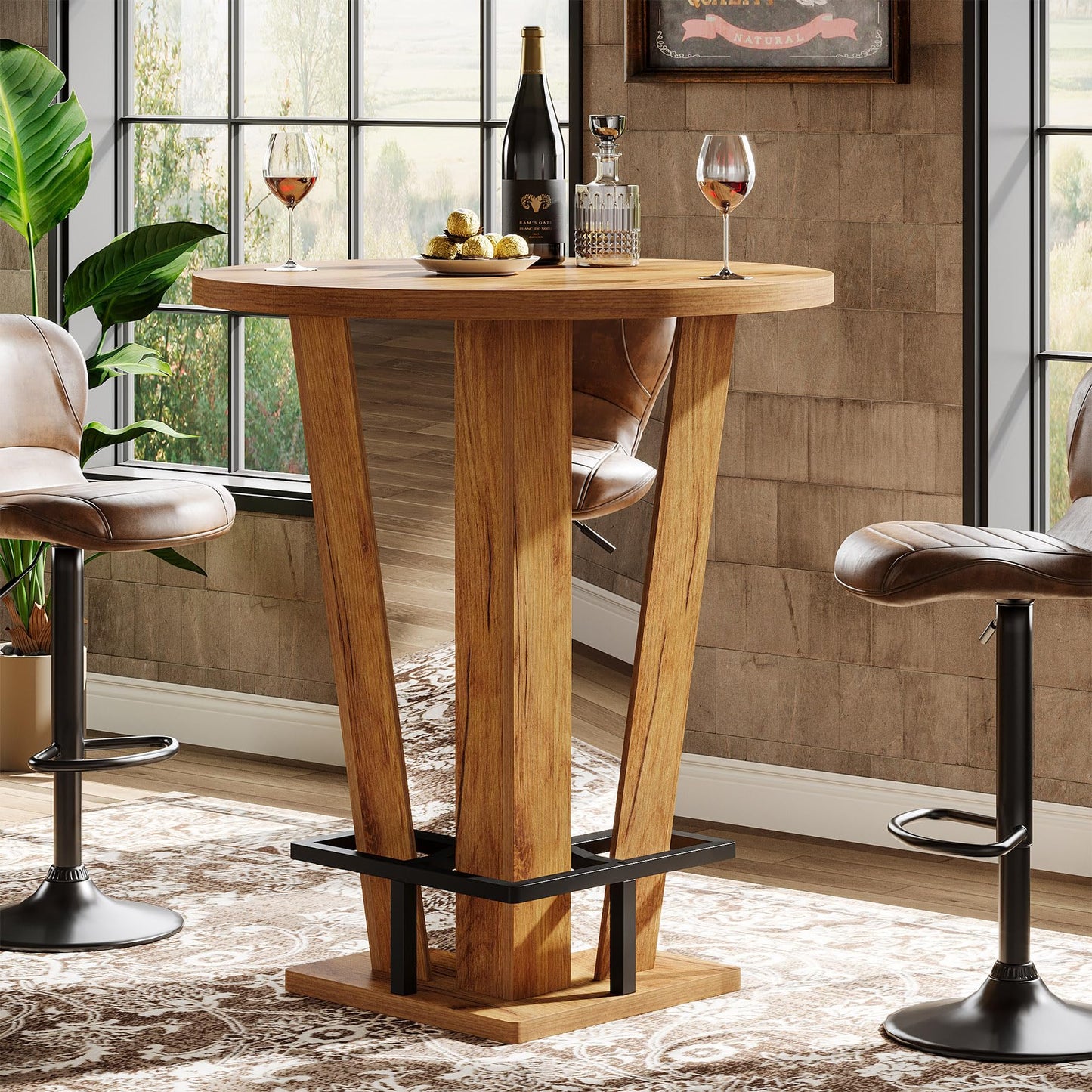 Tribesigns Round Bar Table, 39.4" H High Top Cocktail Bistro Pub Table with Metal Footrest for Living Room, Small Space, Brown