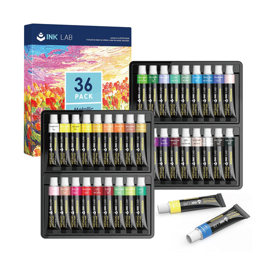 INK LAB Metallic Acrylic Paint Set 36 Tubes Non Toxic Metallic Acrylic Crafts Paints for Canvas Wood Artists Beginners Painting, Rich Pigment & No