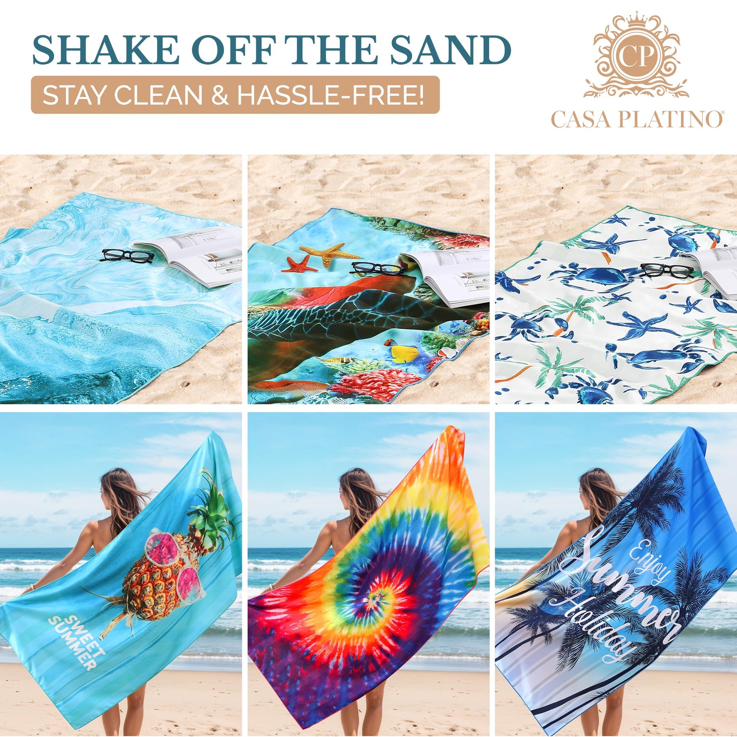 Casa Platino 6-Pack Oversized Microfiber Beach Towels – 71"x32" Sand-Free, Lightweight & Quick-Dry – Double-Sided Printed Pool, Travel