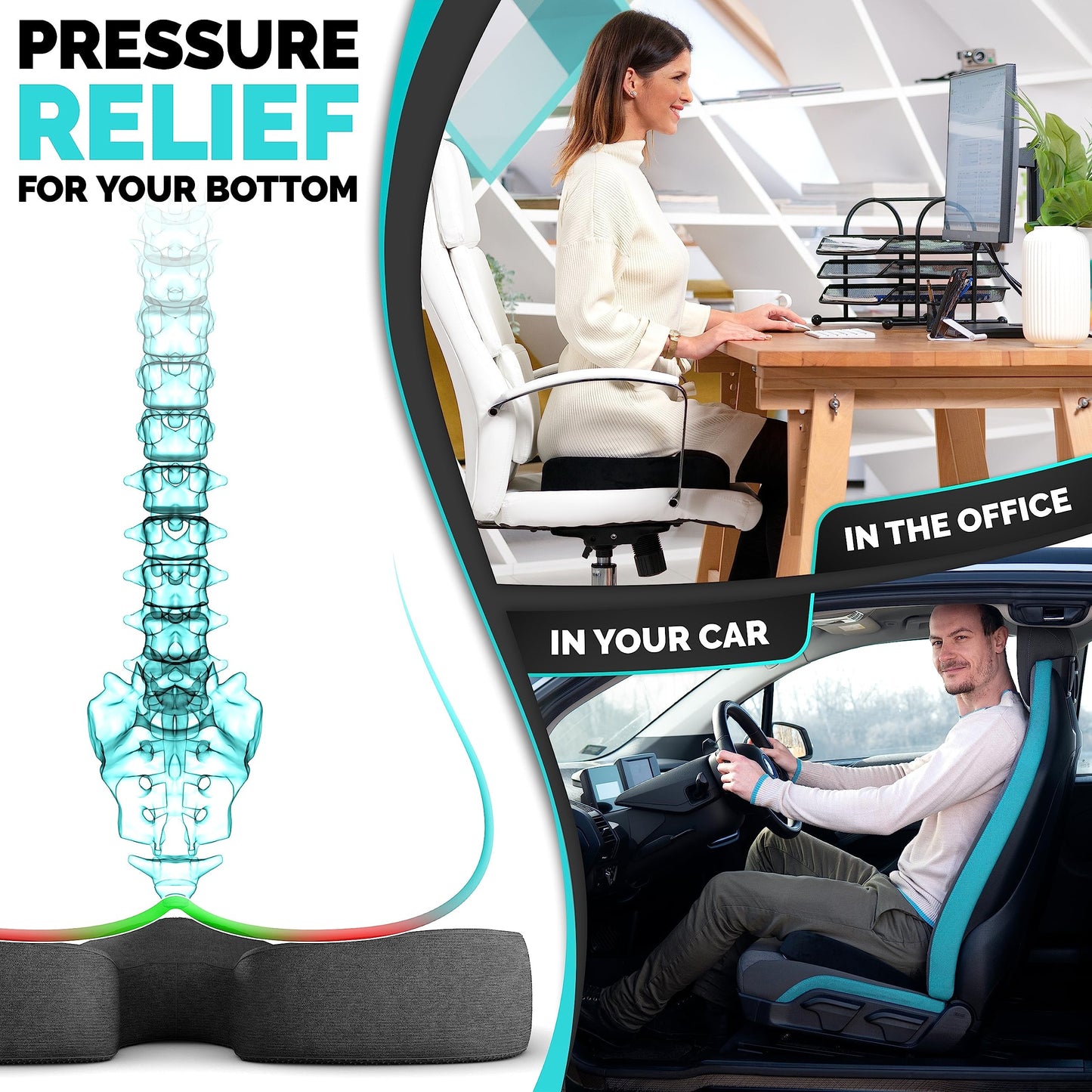 iamcomfi Coccyx Cushion for Tailbone Pain Relief – Medium Hardness - Memory Foam Sciatica Pillow for Back, Hip & Coccyx Pain