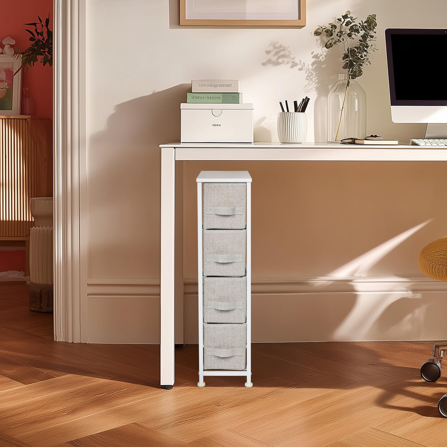 hjh LIVING Chest of drawers with 4 fabric drawers FOLDRESS S 20x48x76 cm Chest of drawers organizer, height-adjustable foot glides, metal frame, grey