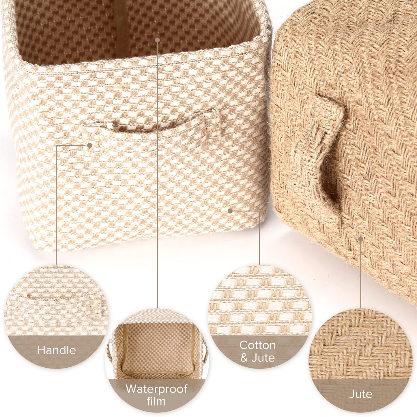 Sea Team 4.5L Jute Storage Baskets, 4pcs Square Boxes with Handles