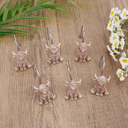 Fukaisu 12pcs Highland Cow Shower Curtain Hooks, Rustic Western Highland Cow Bathroom Shower Curtain Hooks Cute Resin Hangers Suitable for Bathroom