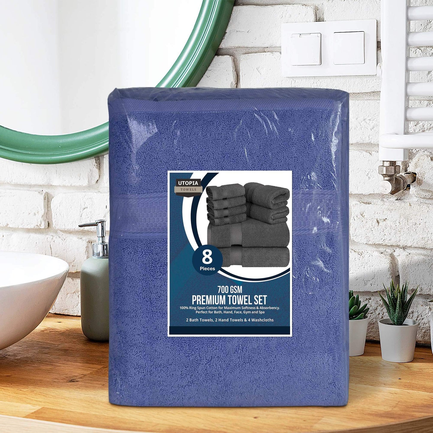 Utopia Towels 8 Piece Premium Towel Set, 2 Bath, 2 Hand, and 4 Washcloths, 100% Ring Spun Cotton, Highly Absorbent Towels for Bathroom, Sports