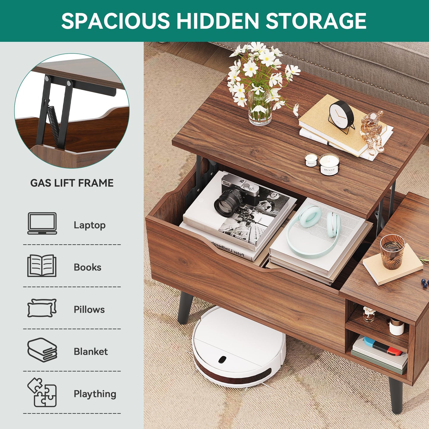 YITAHOME Lift Top Coffee Table with Hidden Compartment, Adjustable Storage Shelf, Spring Lifter, Coffee Table with Storage for Living Room