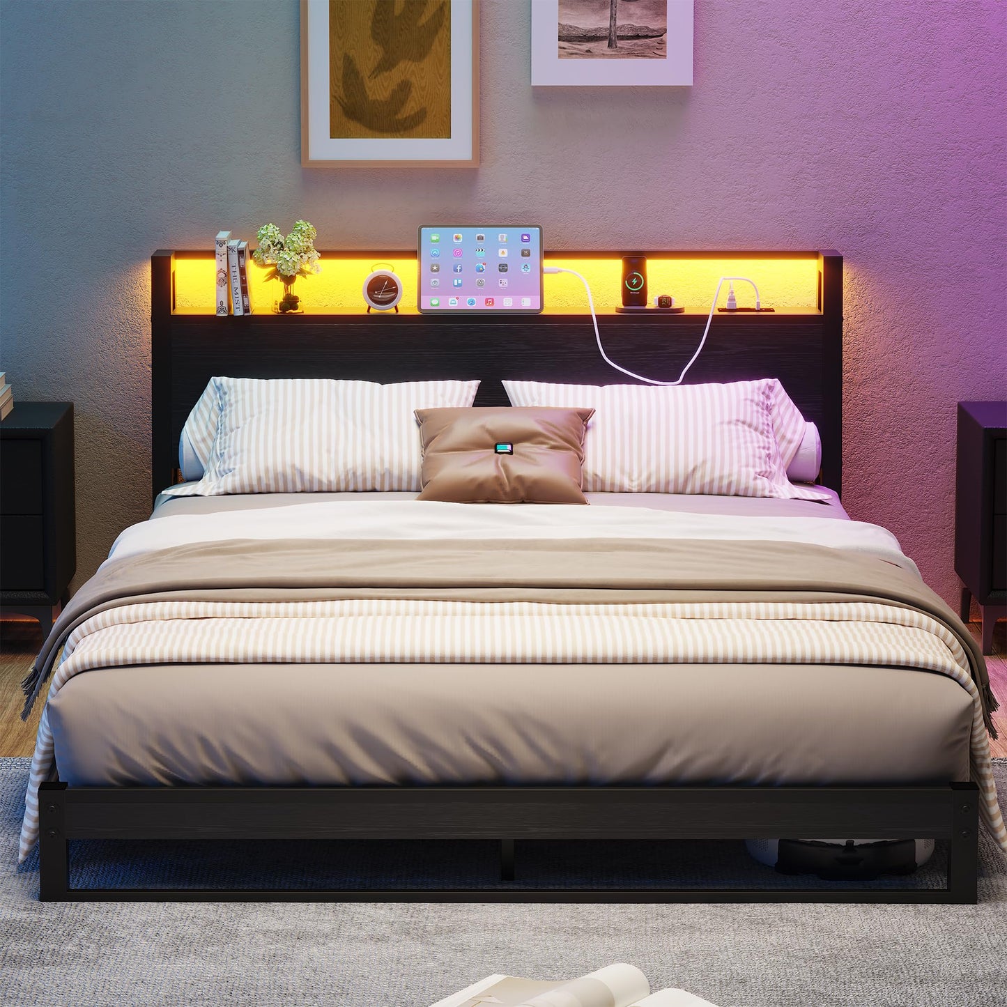 MUZERUL King Size Bed Frame with Ergonomic Storage Headboard and LED,Metal Platform Low Bed Frame King Size 5ft,Kingsize Floor Bed Base with Charging