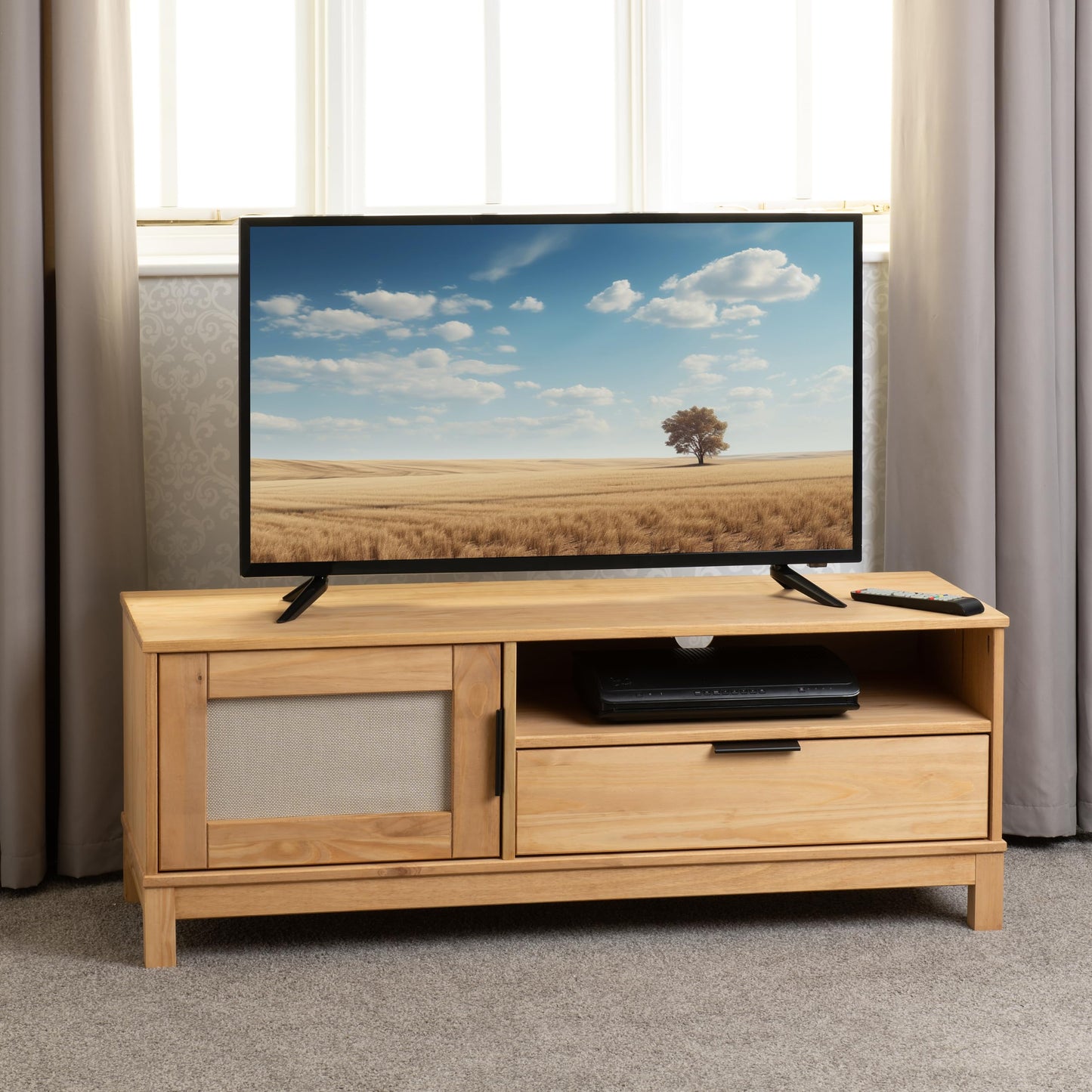 Seconique Corona Rattan 1 Door 1 Drawer TV Unit in Distressed Wax Pine