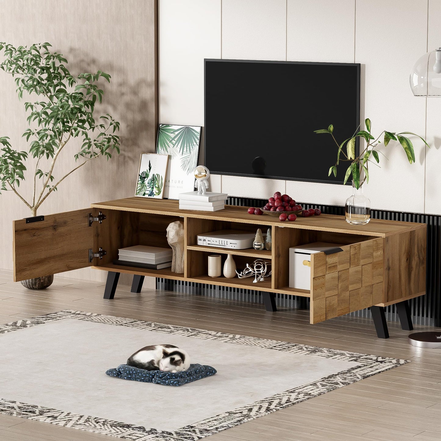 Ball & Cast Modern TV Cabinet with 2 Doors and 2 Open Shelves – 160.5 x 35.5 x 45 cm(Color May Vary Slightly Depending on Lighting)