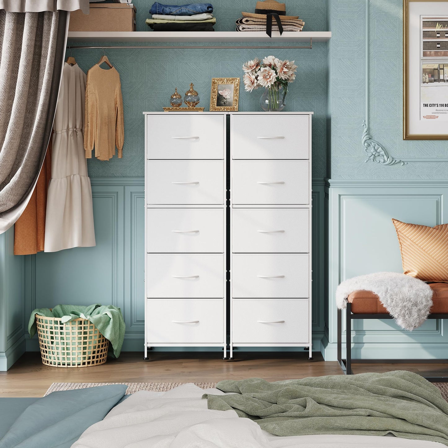 WLIVE White Chest of Drawers, 5 Fabric Drawers Tall Narrow Dresser Bedroom