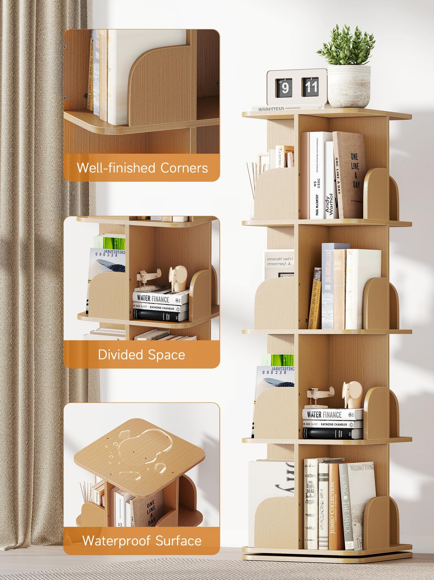 yeshine 4 Tier Rotating Bookshelf Wood Square Revolving Bookcase