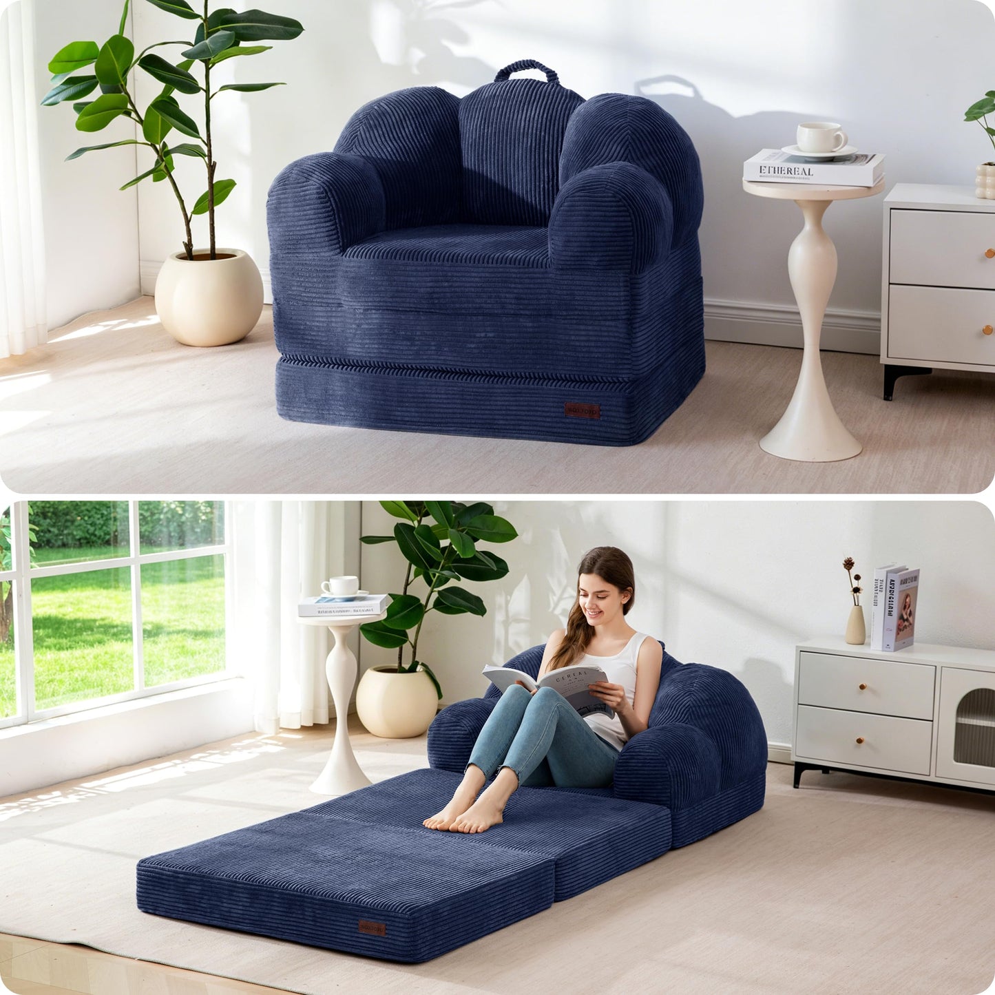 MAXYOYO Folding Sofa Bed with Backrest, Floral Shaped 2 in 1 Convertible Sofa to Comfy Faux Fur Bean Bag Chair for Adults