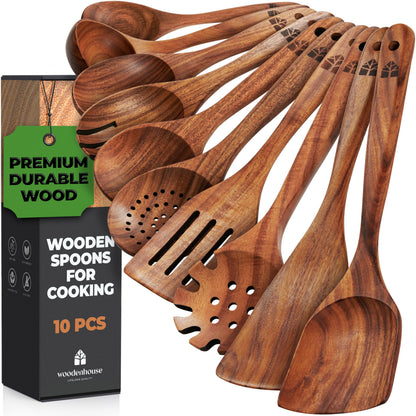Wooden Spoons for Cooking, 10 Pcs Teak Wood Cooking Utensil Set - Wooden Kitchen Utensils for Nonstick Pans & Cookware - Study, Lightweight & Heat